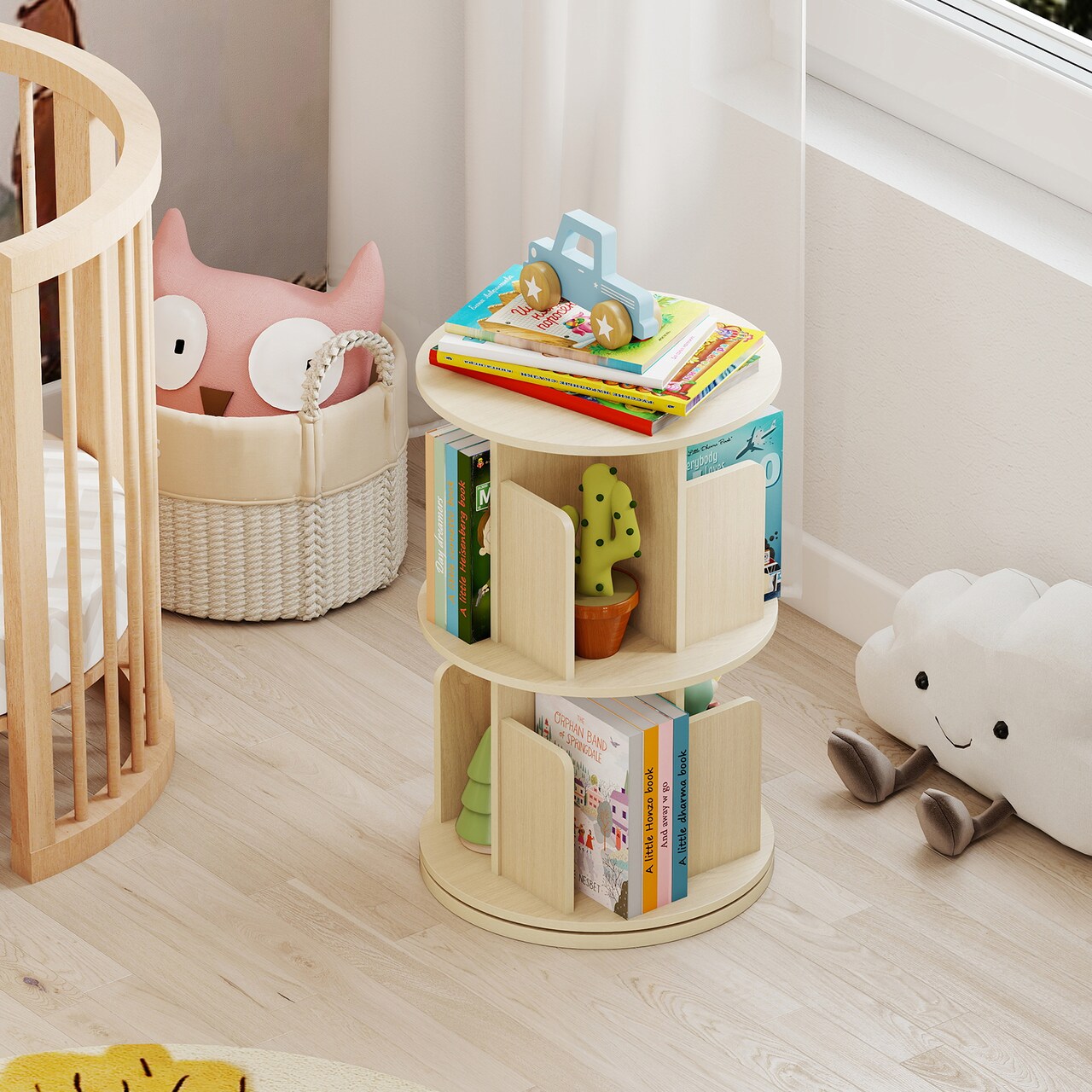 Narrow 2-Tier Rotating Display Shelf with Spin Function for Living Room or Home Office